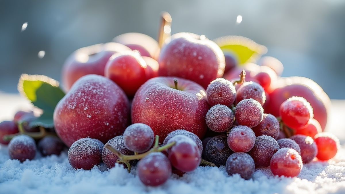 Cesta de frutas congeladas con manzanas, cerezas y uvas.