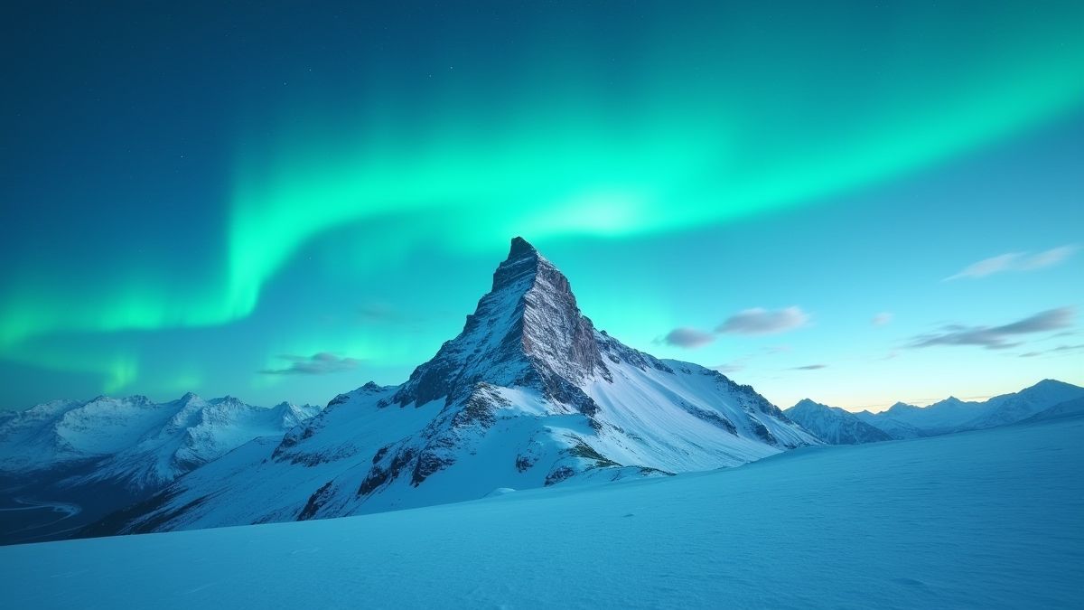 Cima de montaña nevada bajo una aurora boreal brillante.