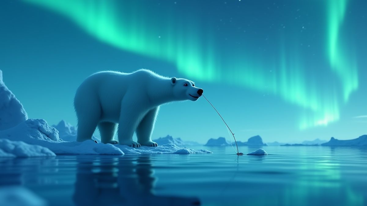 A polar bear fishing under the northern lights in a frozen landscape.