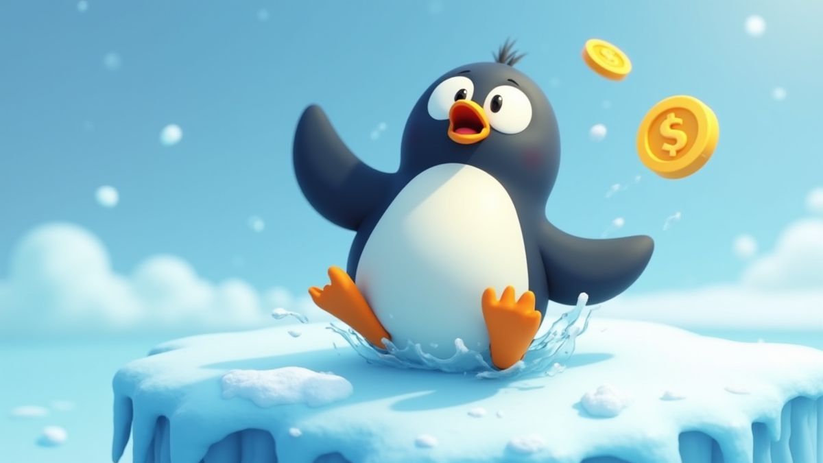 A penguin sliding on ice with a golden coin.