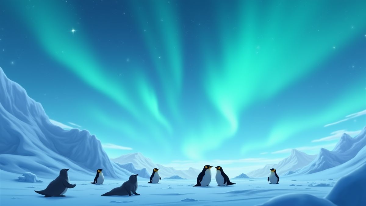 Penguins and seals playing under the northern lights in a snowy landscape.
