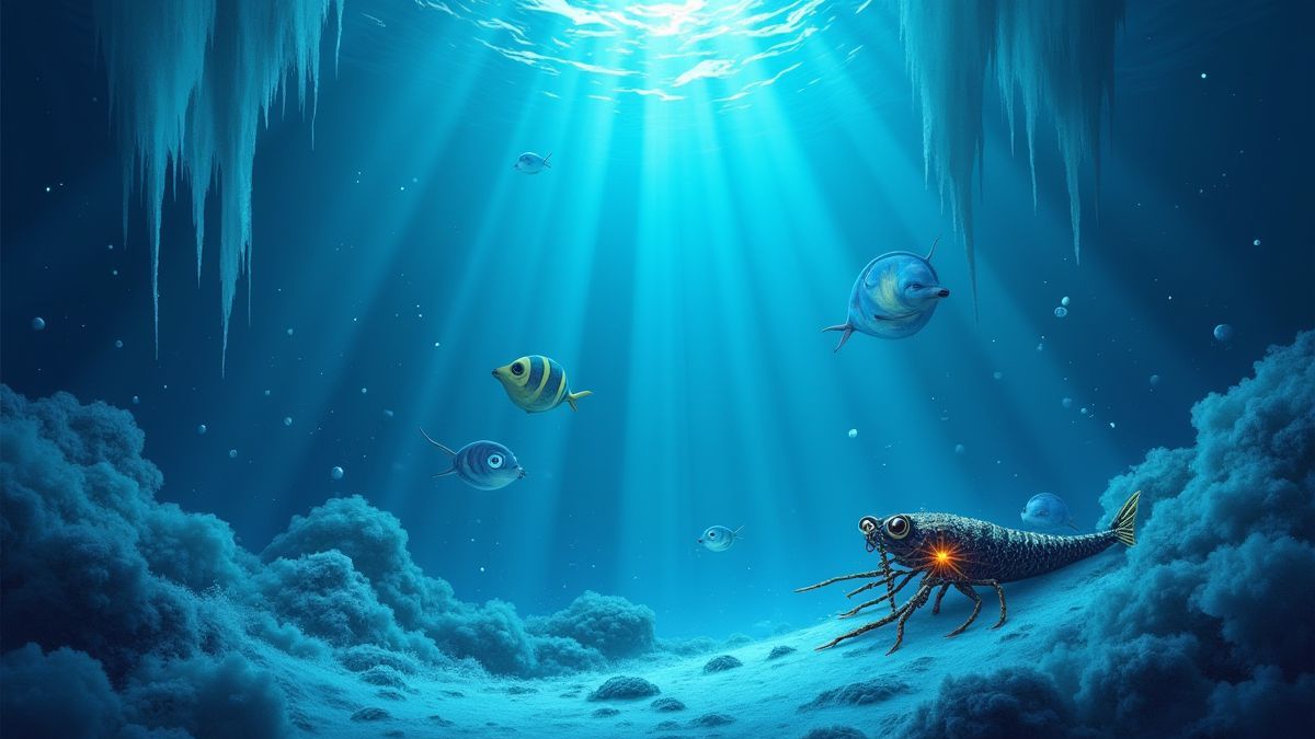 Un mundo submarino helado con peces brillantes y un bogavante juguetón.