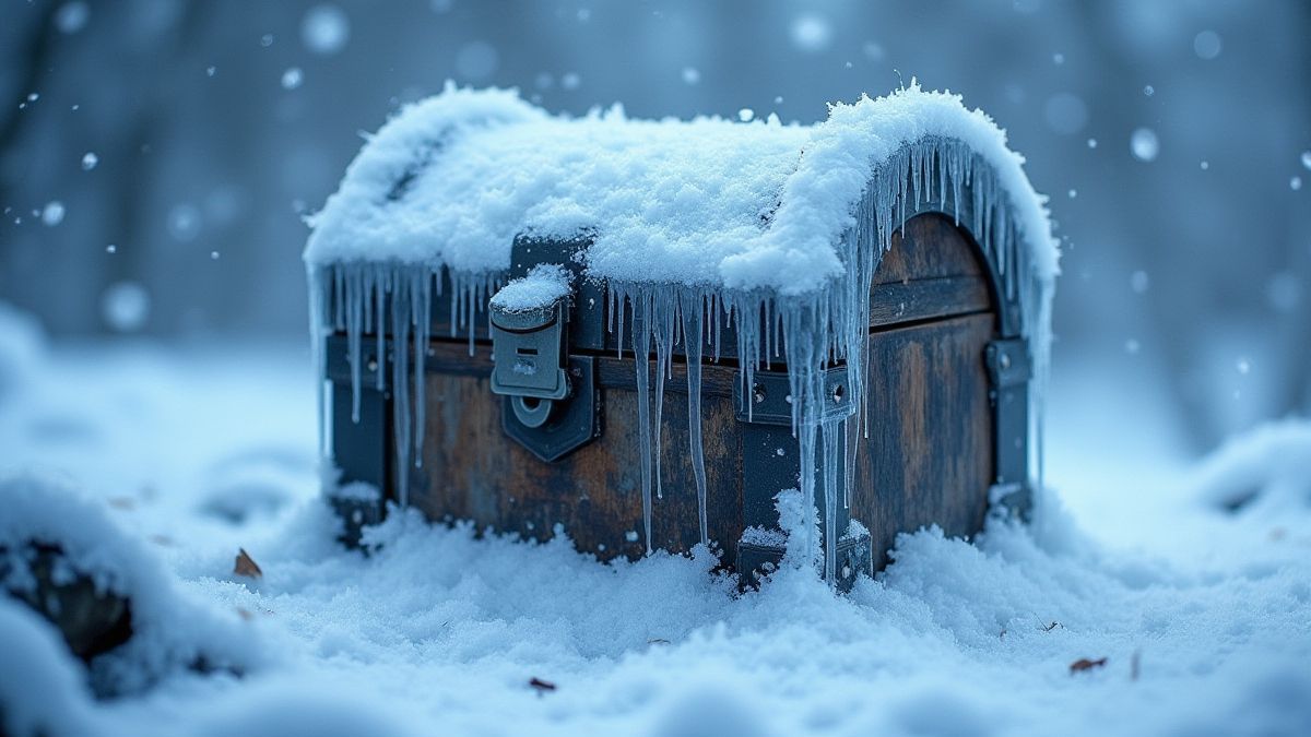 Coffre du trésor gelé entouré de stalactites et de neige.