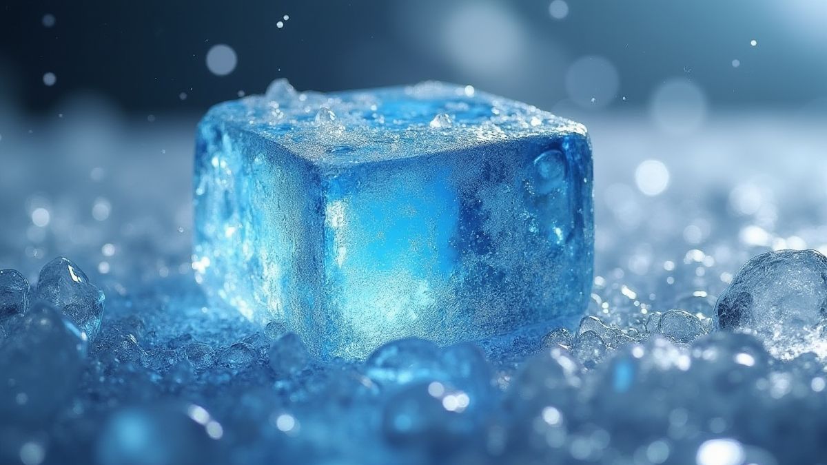 Bloc de glace fissuré révélant des gemmes scintillantes.
