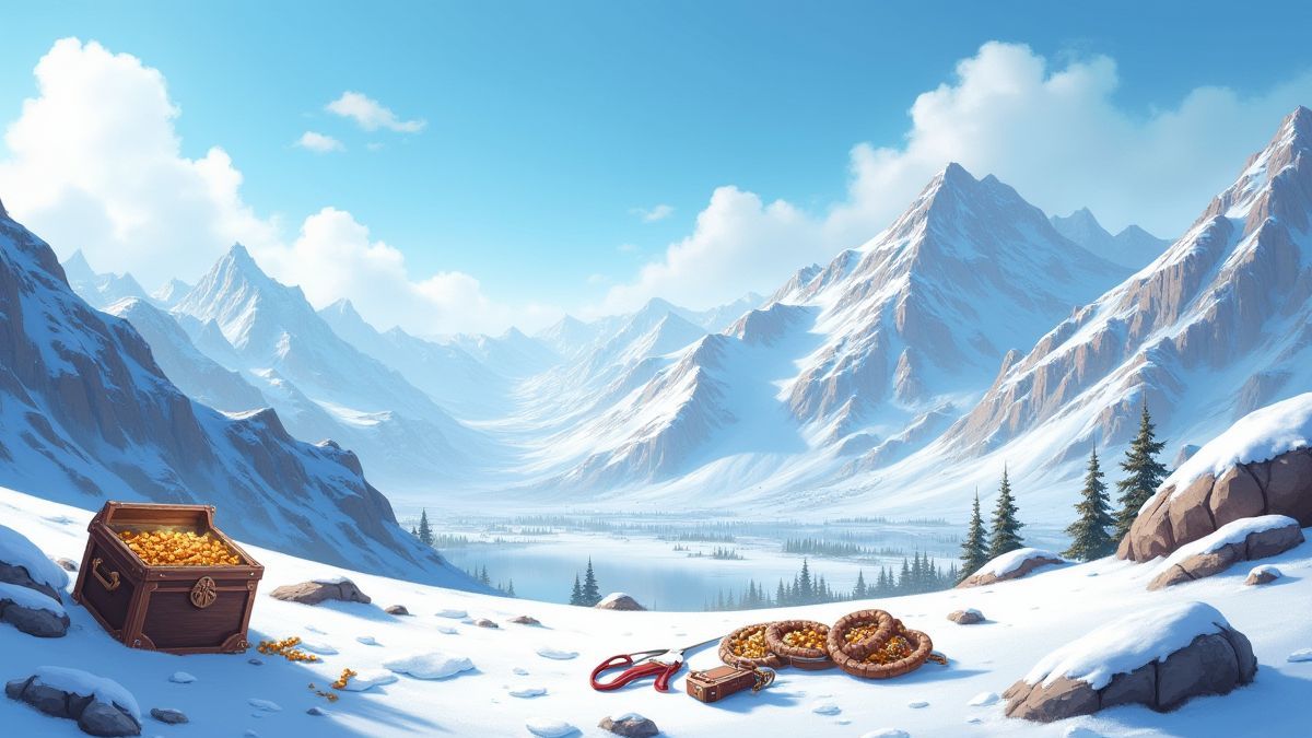 Paysage montagneux enneigé avec du matériel d'escalade et des trésors éparpillés.