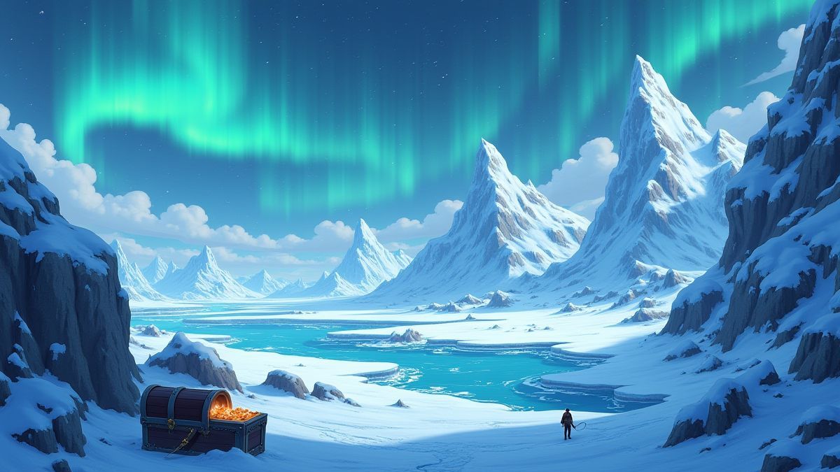 Paysage gelé avec des éléments pirates comme des coffres et des épées.