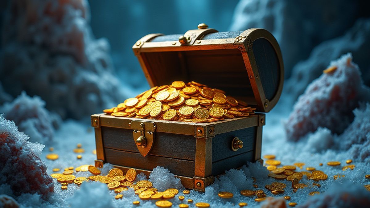Coffre au trésor rempli de pièces d'or entouré de cristaux gelés.