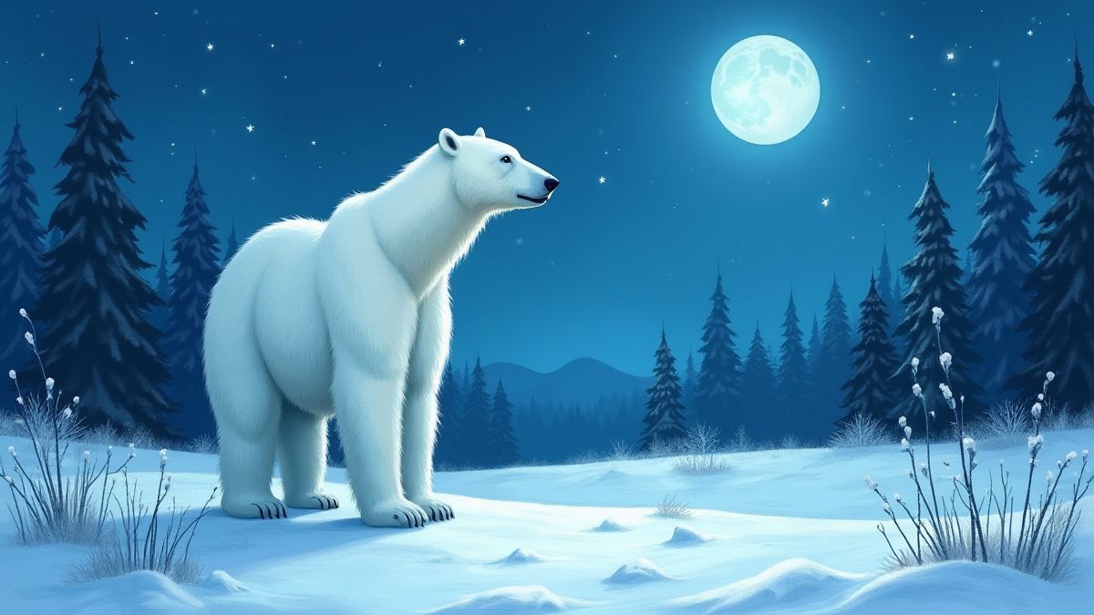 Oso polar en un bosque nevado bajo la luz de la luna.