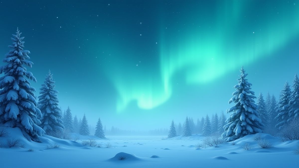 Paisaje nevado con auroras boreales en el cielo nocturno.