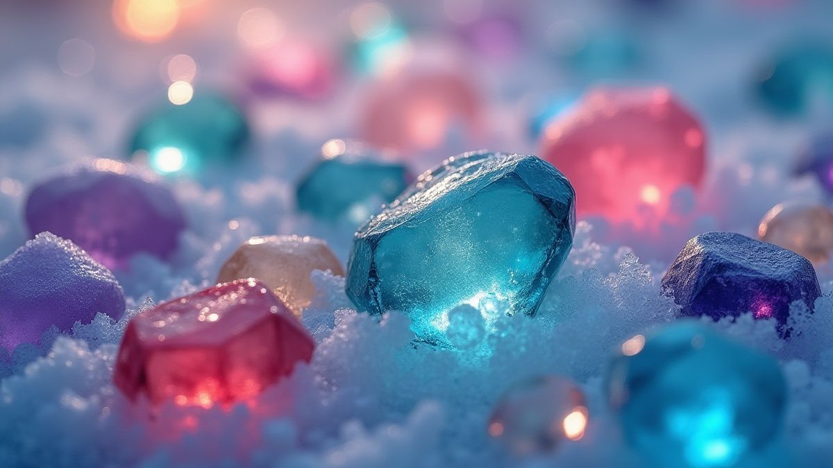 Gemas de colores incrustadas en hielo