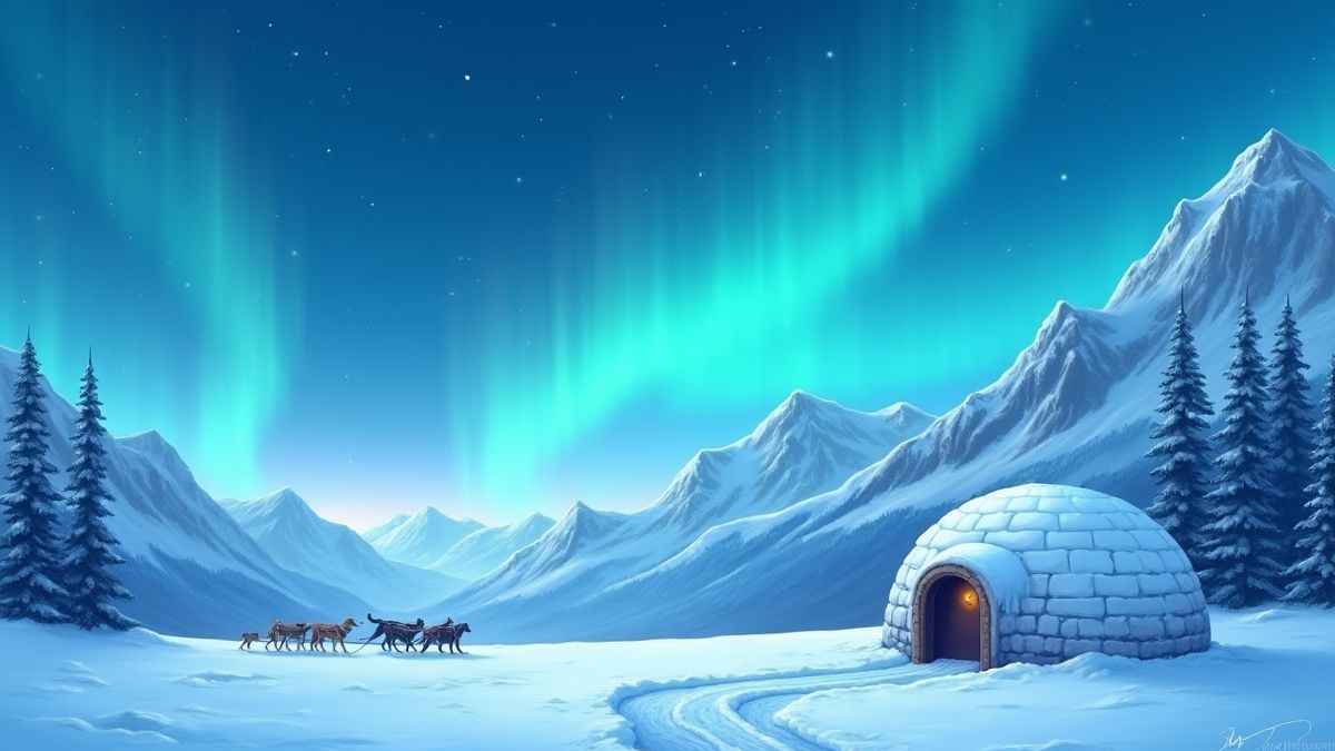Paisagem de montanha nevada com um iglú e cães de trenó sob as auroras boreais.