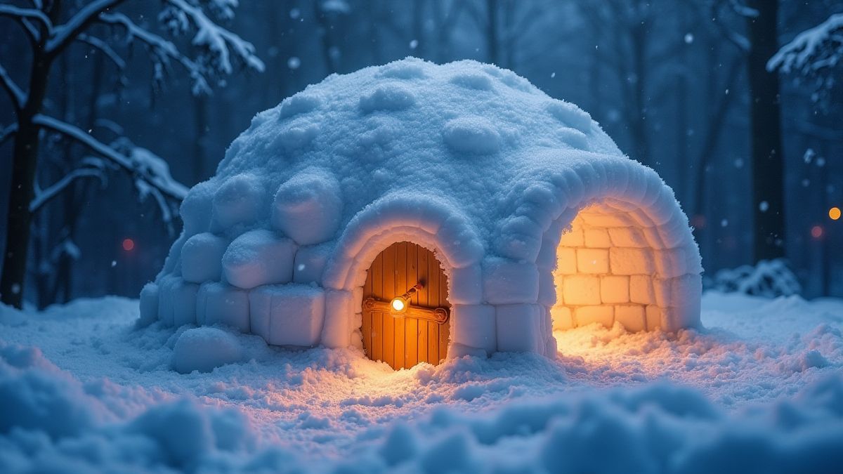 Um iglú acolhedor rodeado de neve com luzes brilhando em seu interior.