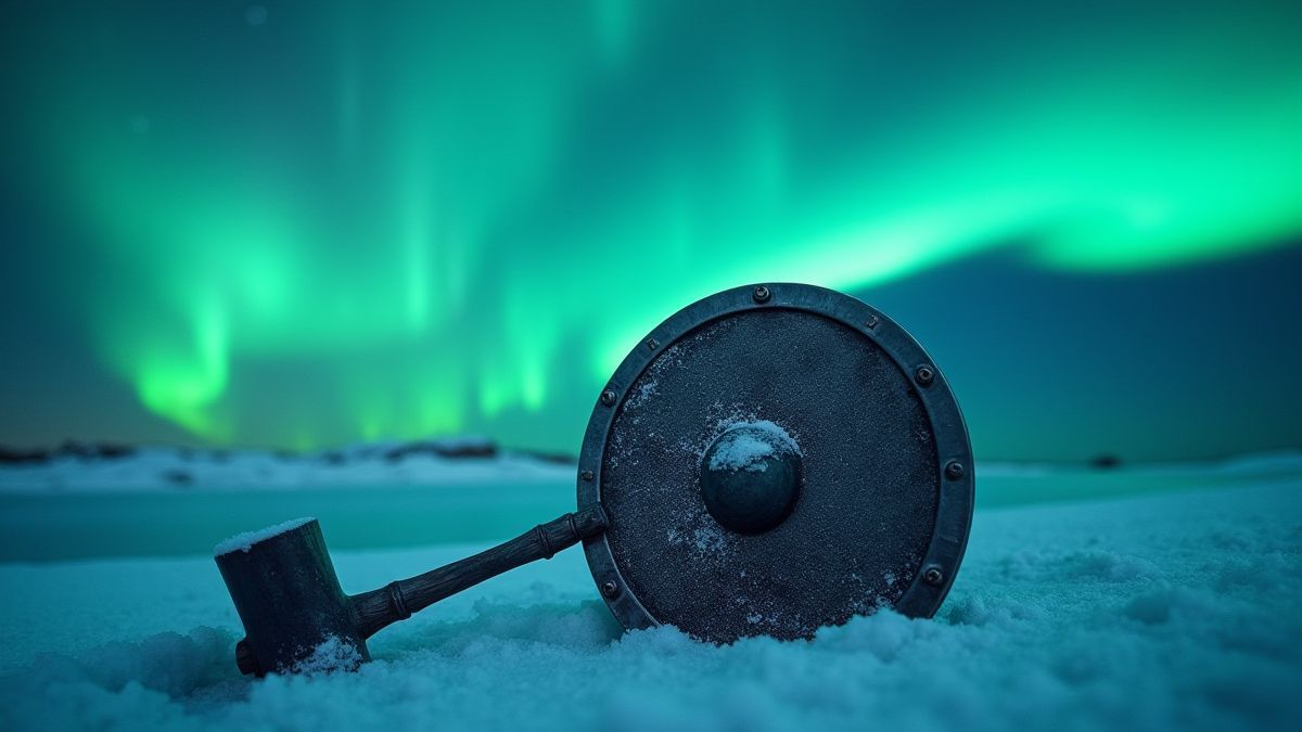 Un escudo vikingo et un martillo sous les lumières du nord.