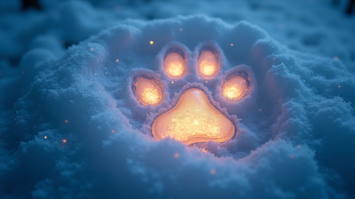 Trace de loup brillante sur la glace entourée de flocons de neige scintillants.