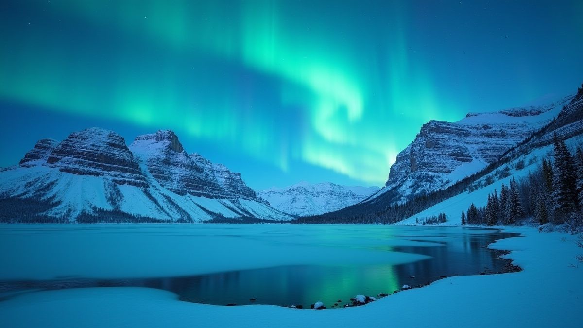 Paysage de montagne enneigée avec un lac gelé sous les lumières du nord.