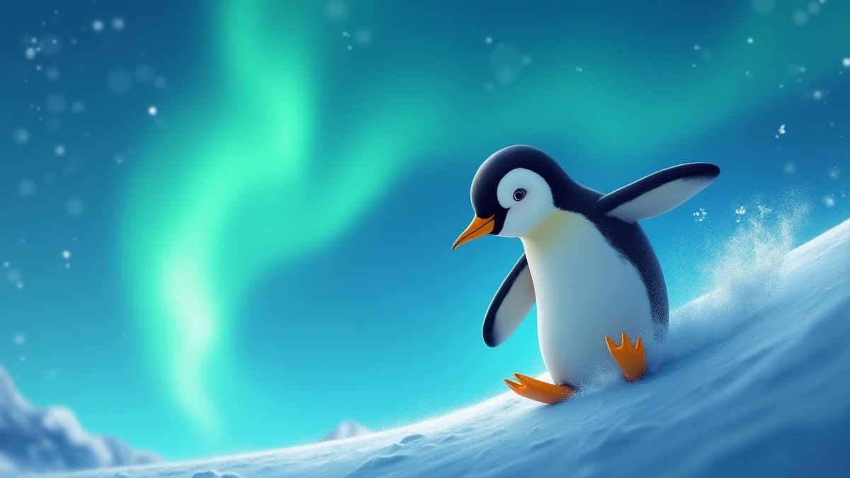 Pingüino feliz deslizándose por uma pendiente helada.