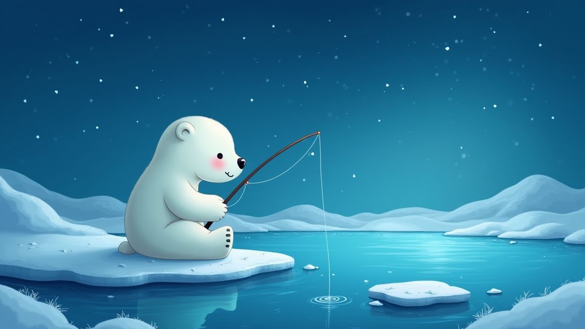 Oso polar pescando em um lago helado.