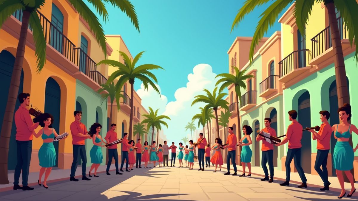 Une rue cubaine animée pleine de musiciens et de danseurs.
