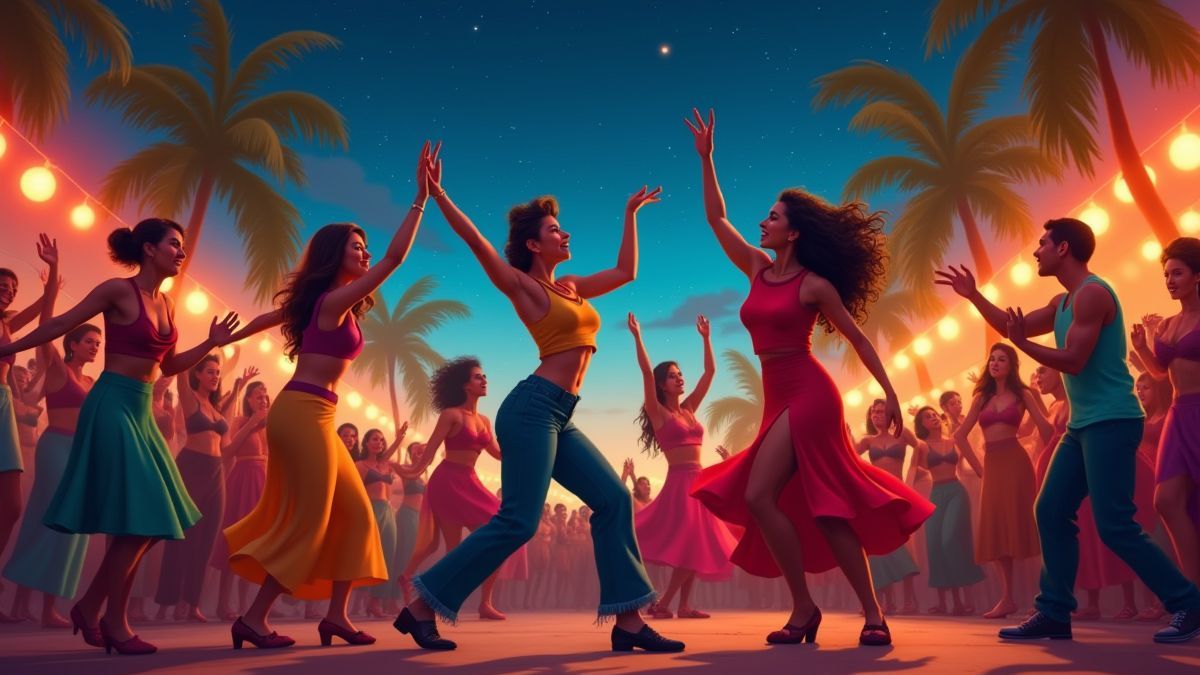 Danseurs cubains animés profitant d'une fête sous des cieux étoilés.