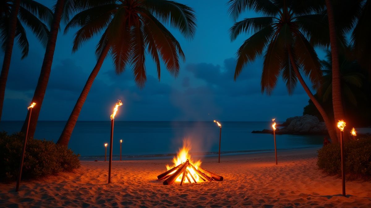 Playa tropical iluminada por antorchas e um fogo noturno.