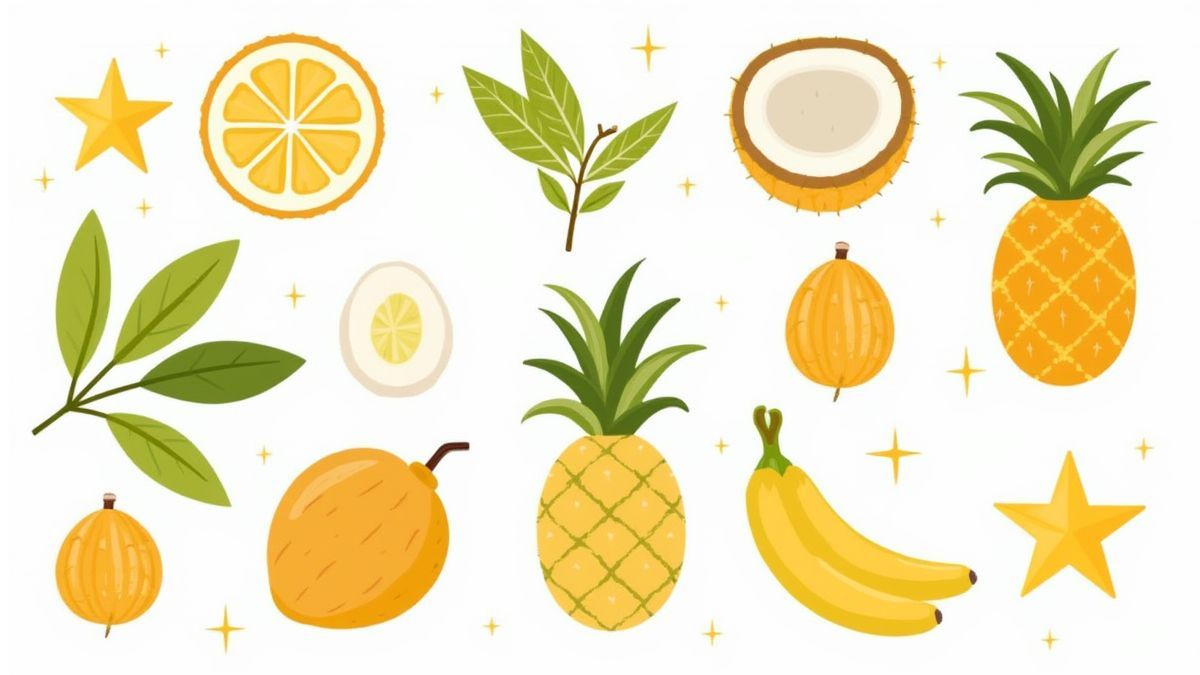 Frutas tropicais como cocos, abacaxis e carambolas.
