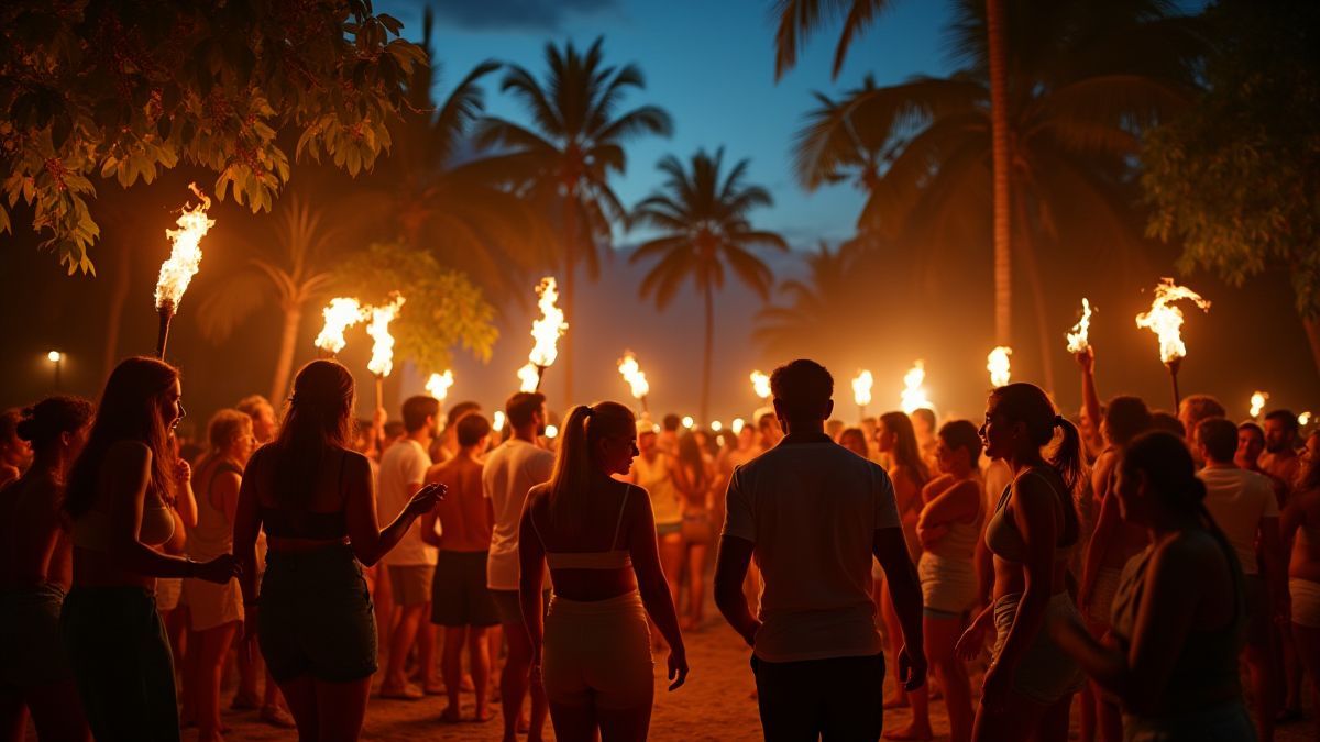 Fiesta nocturna na praia com gente dançando e antorchas tiki.
