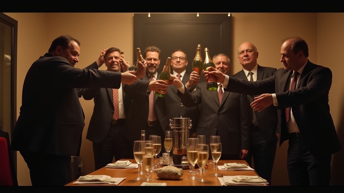 Mafia members celebrating with money bags and champagne.