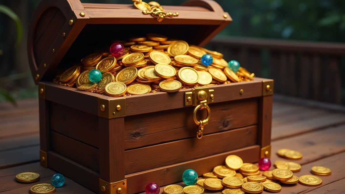 Eine Schatzkiste voller Goldmünzen und Edelsteine auf einem Holzdeck.