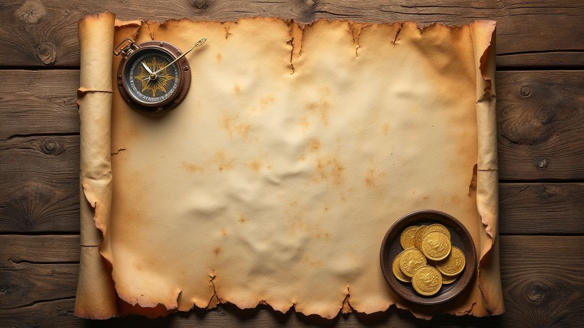 Eine Piratenkarte auf einem Holztisch mit einem Kompass und Goldmünzen.