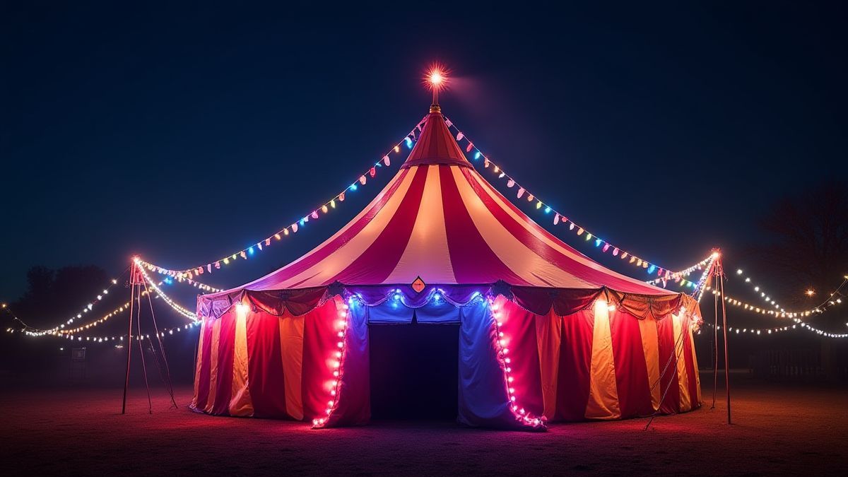 Een circus tent verlicht door gekleurde lichten in de nacht