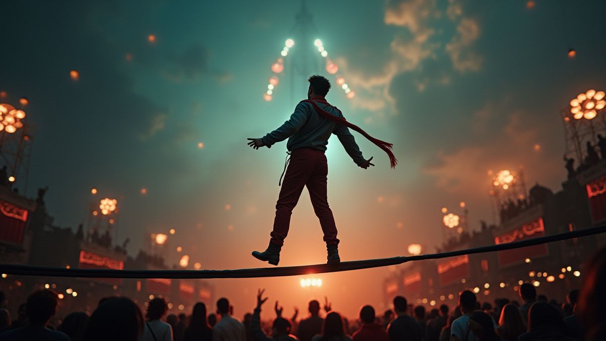 Um artista de circo caminhando sobre uma corda bamba diante de uma multidão