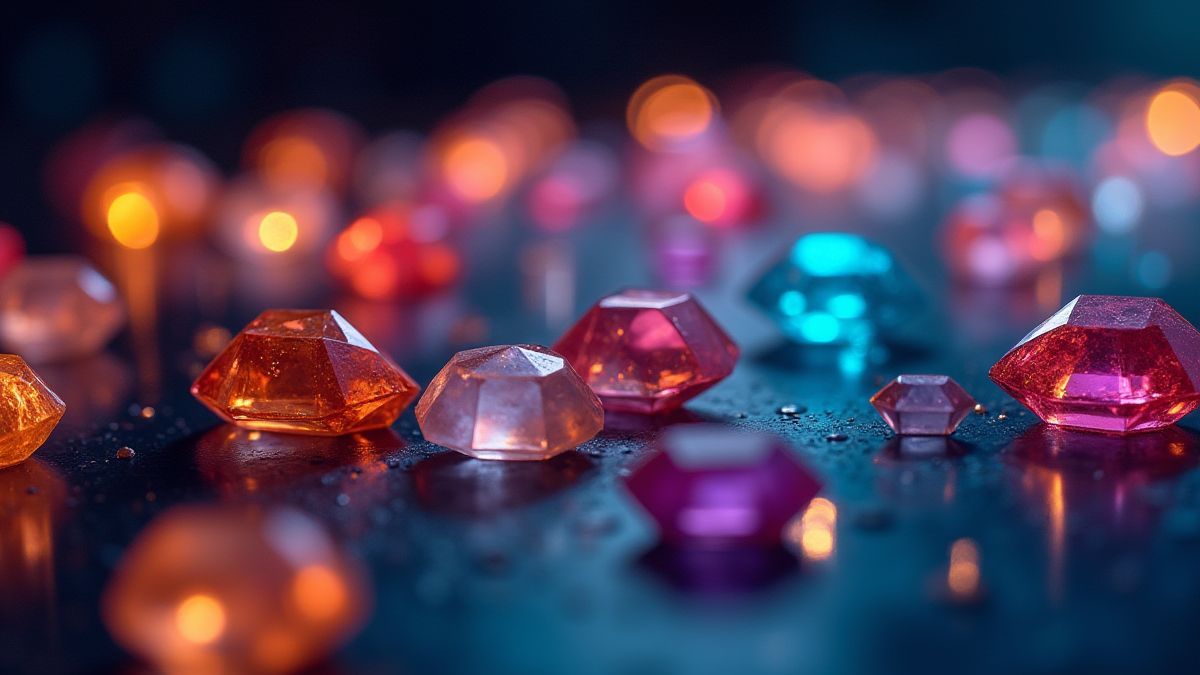 Colección de gemas brillantes en colores vibrantes sobre una mesa futurista.