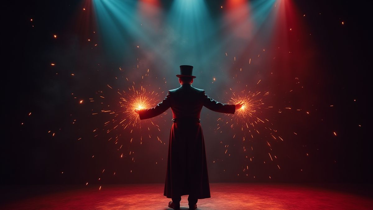 Um mago no palco realizando truques com acessórios brilhantes.