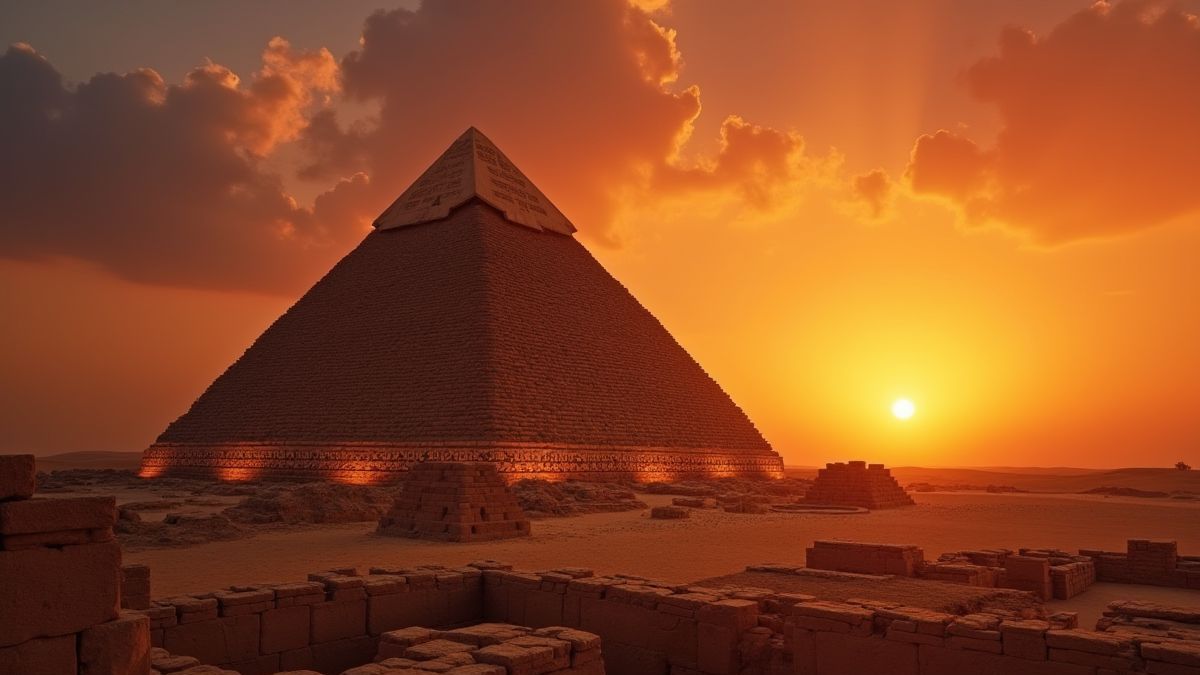 Egyptische piramide bij zonsondergang met gloeiende hiërogliefen.