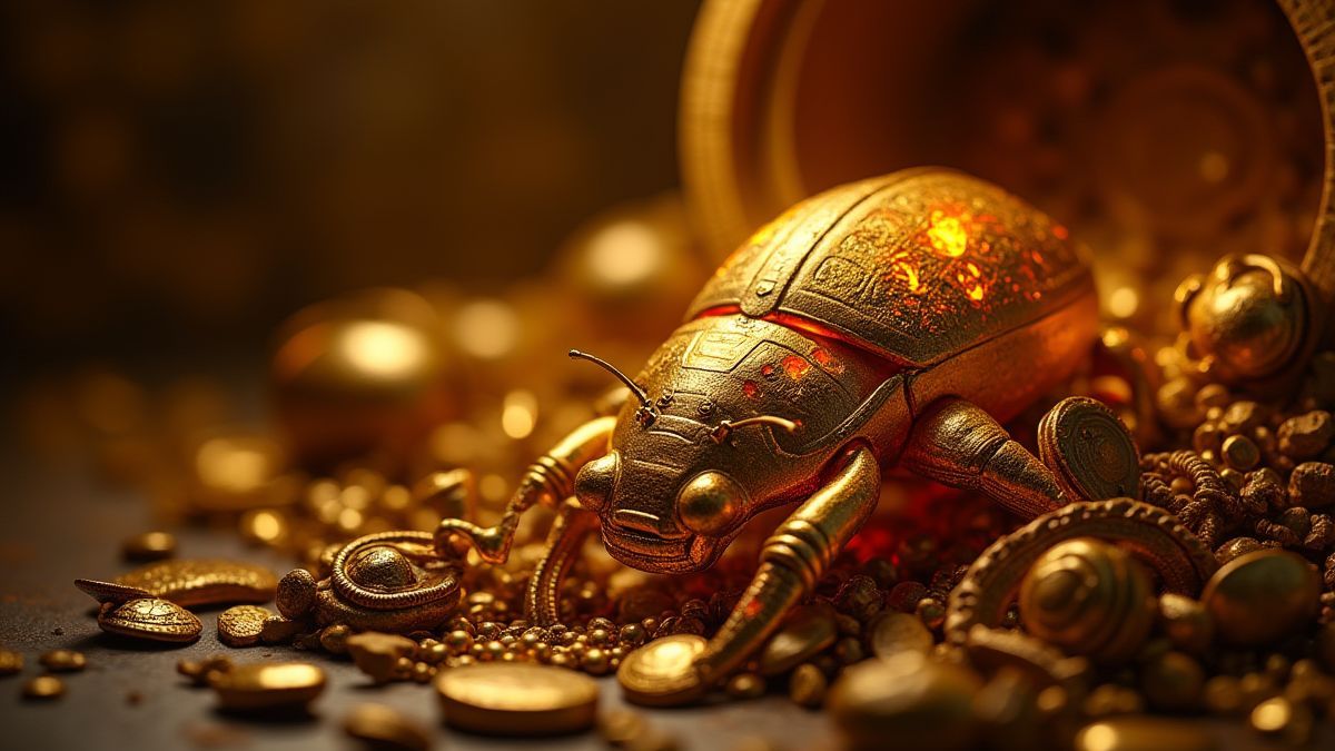 Gouden scarabs die stralen in een schatkamer omringd door oude artefacten.