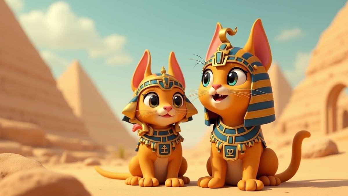 Gatos egipcios animados con atuendos reales en un desierto.