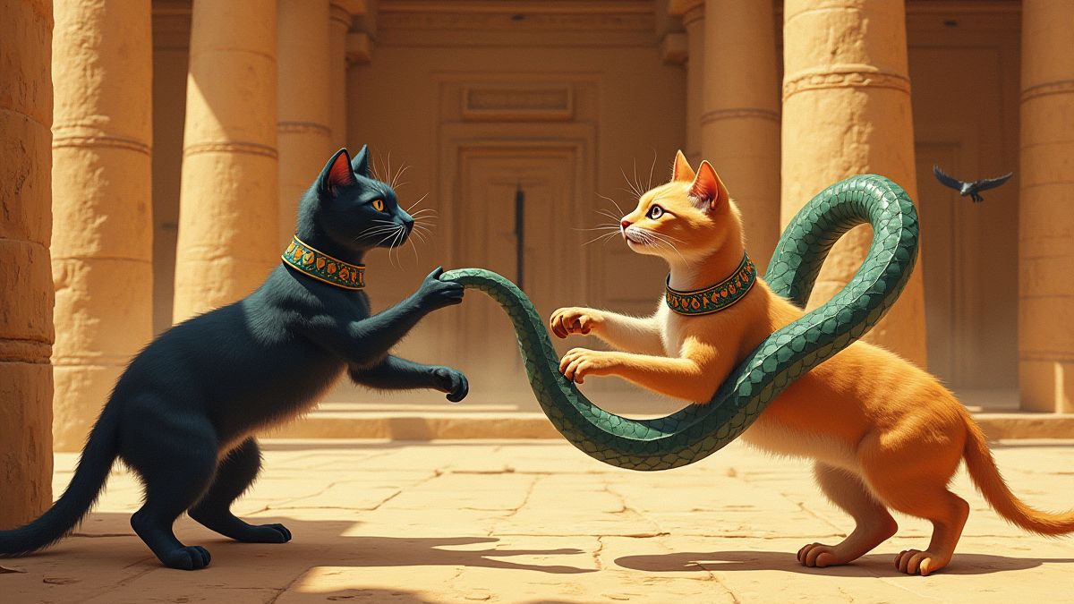 Gatos luchando contra una serpiente en un templo egipcio.
