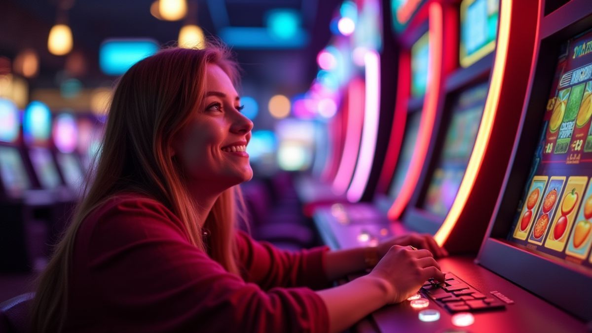 Een speler genietend van een casino-omgeving met neonlichten.