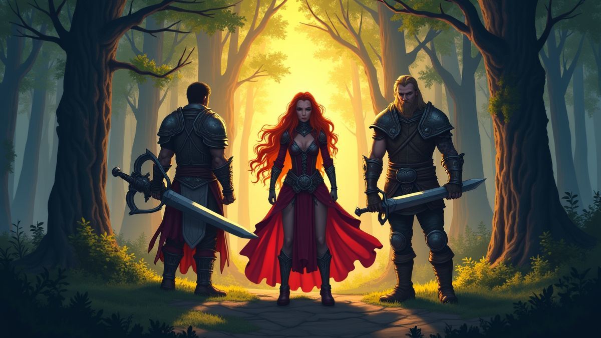O guerreiro, a maga e o caçador em uma floresta mágica.