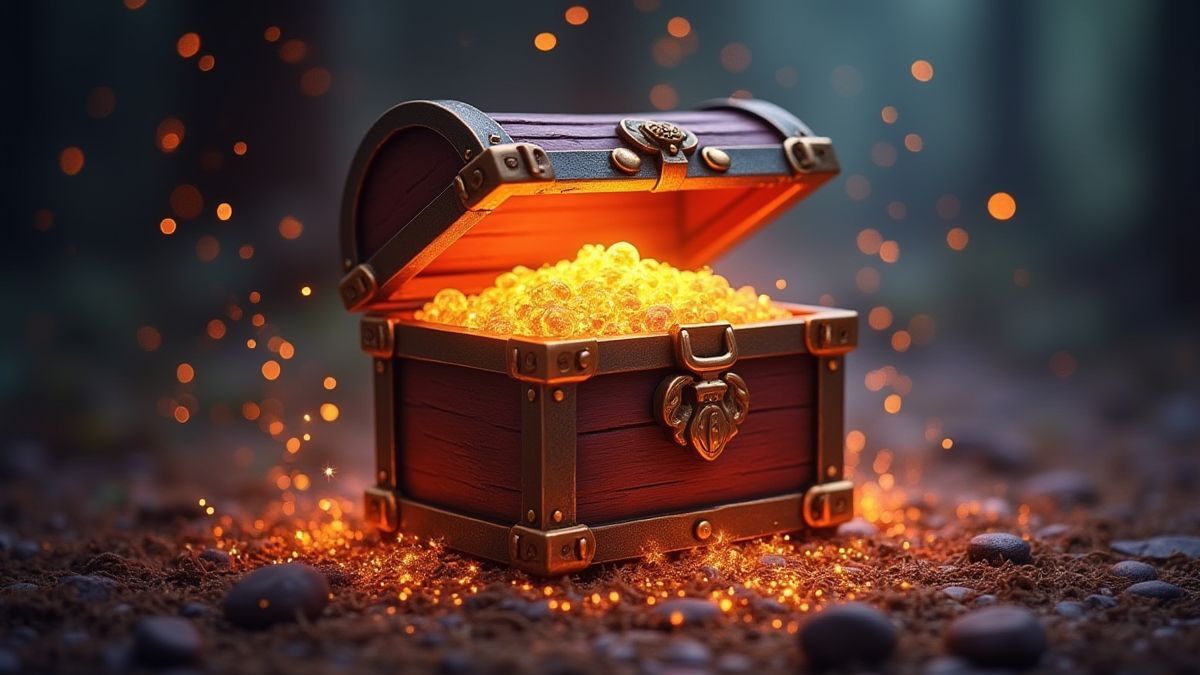 Um baú do tesouro fantástico cercado por magia.