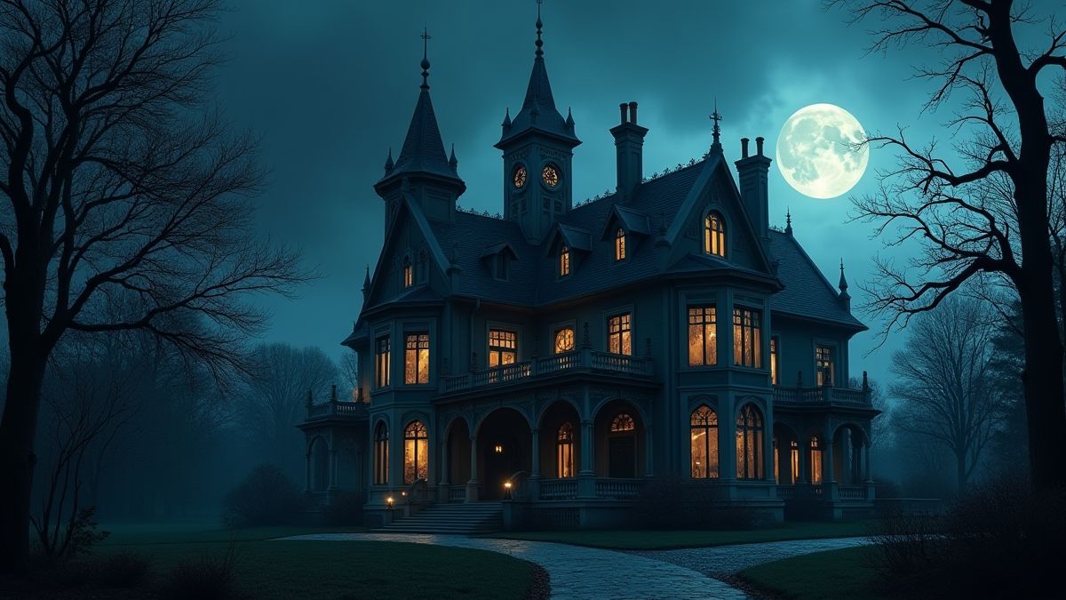 A gothic vampire mansion with moonlit windows and eerie shadows.
