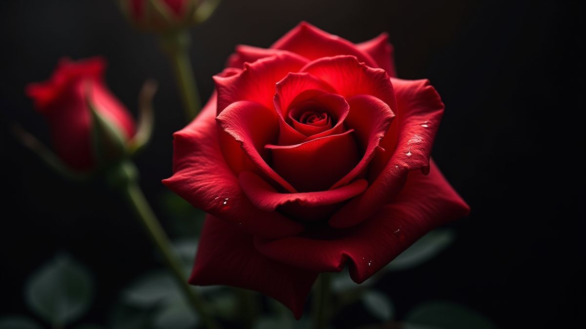 A glowing red rose with dripping blood surrounded by shadows.