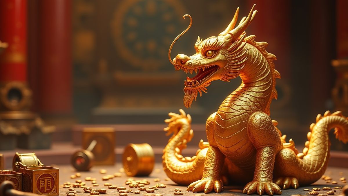 Una estatua de dragón dorado rodeada de tesoros en un antiguo palacio imperial.