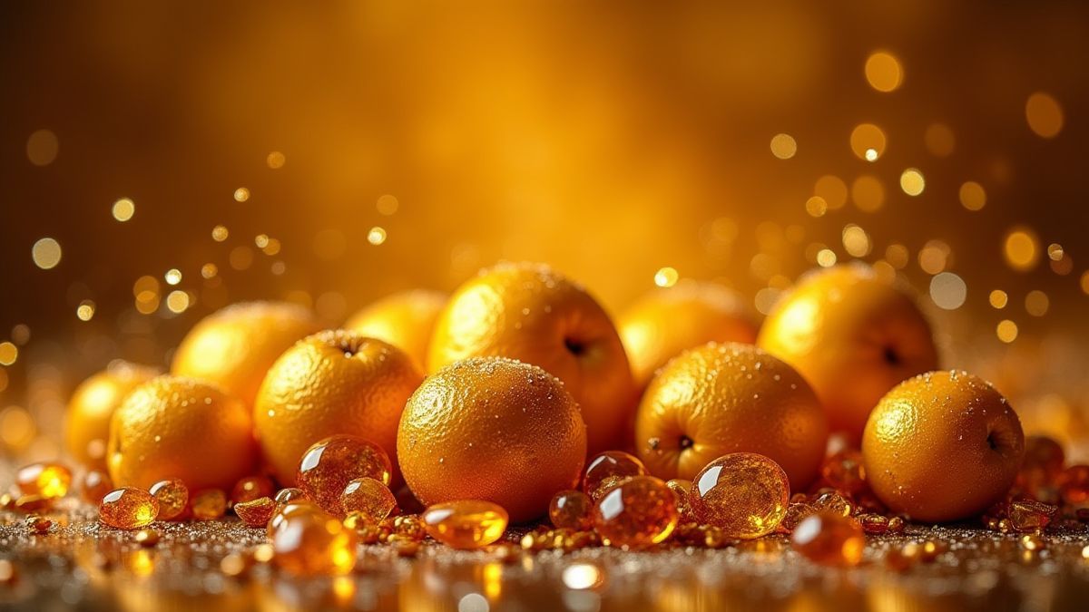 Goldene Früchte und funkelnde Edelsteine vor einem königlichen Hintergrund.