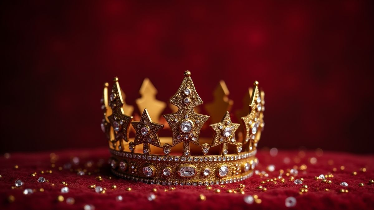 Eine Krone umgeben von goldenen Sternen und Diamanten auf einem Samthintergrund.