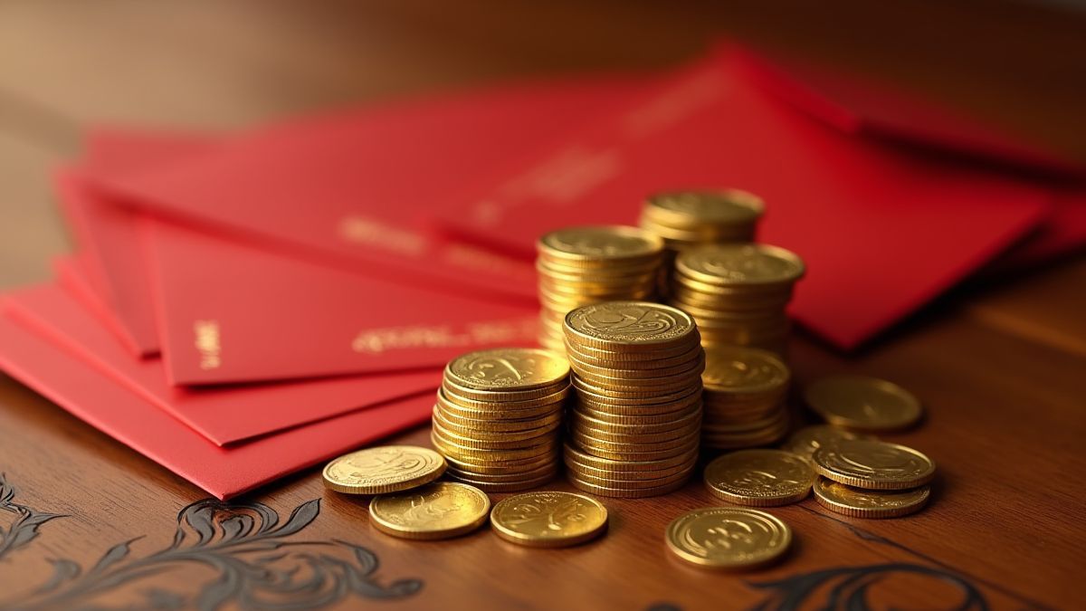 Monedas de oro y sobres rojos en una mesa de madera decorada.
