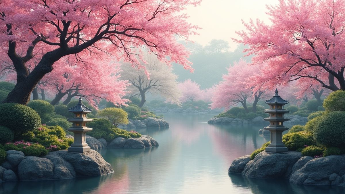 Ruhiger asiatischer Garten mit Kirschblüten und Steinlaternen.