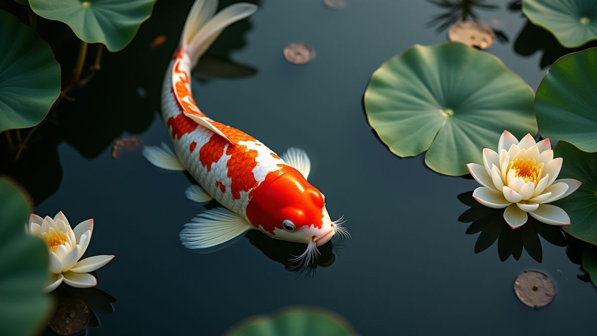 Koi-Karpfen, der in einem Teich mit Lotusblumen schwimmt.