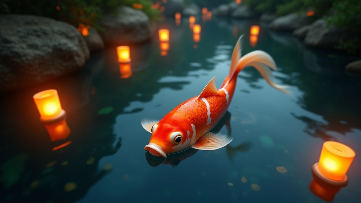 Ein Koi-Fisch schwimmt in einem Teich mit schwimmenden Laternen.