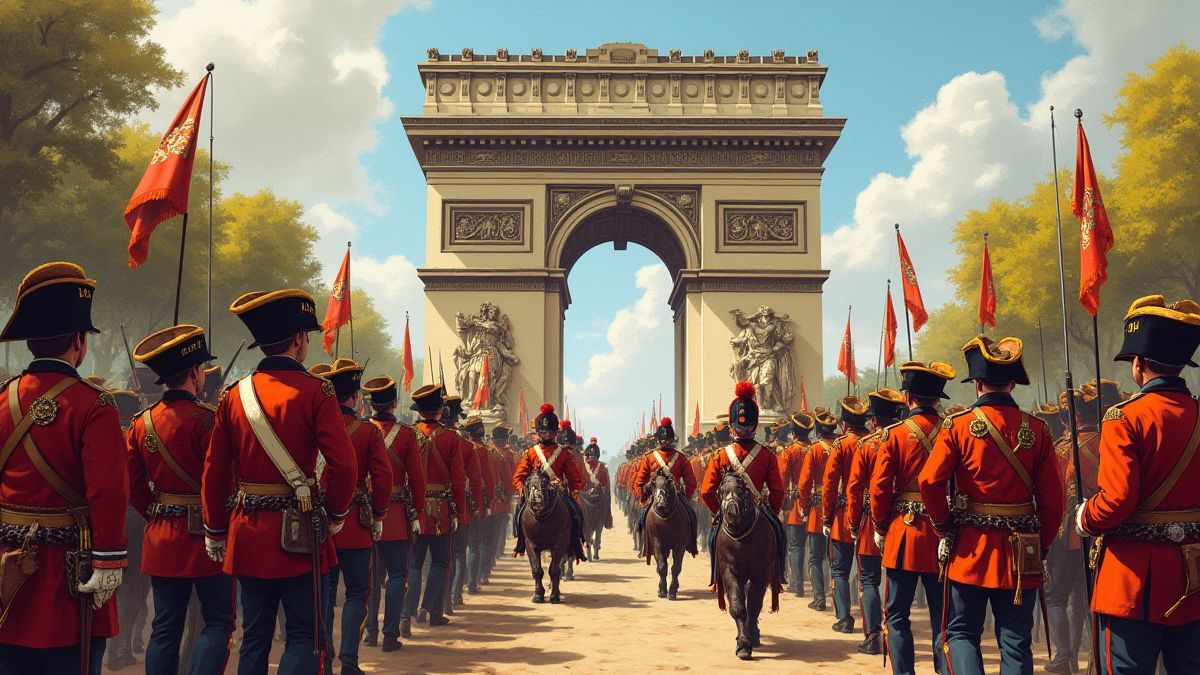Soldados marchando sob um arco do triunfo com uniformes históricos.